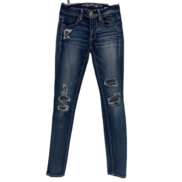 American Eagle Women’s Distressed Skinny Dark Wash Stretch Jeans Size 2 - Picture 2 of 7
